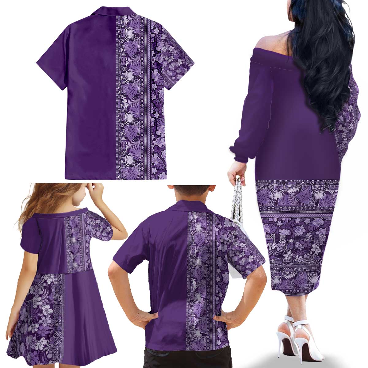 Hawaiian Tribal Elements Hibiscus Family Matching Off The Shoulder Long Sleeve Dress and Hawaiian Shirt Purple Pattern LT9 - Polynesian Pride