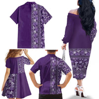 Hawaiian Tribal Elements Hibiscus Family Matching Off The Shoulder Long Sleeve Dress and Hawaiian Shirt Purple Pattern LT9 - Polynesian Pride
