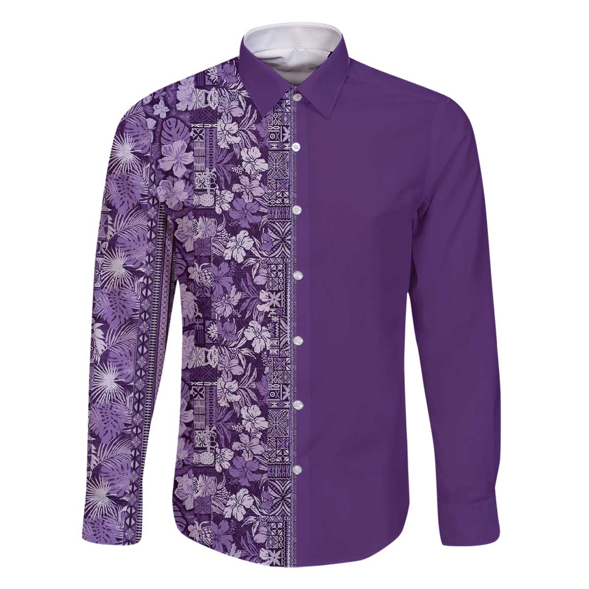 Hawaiian Tribal Elements Hibiscus Family Matching Off The Shoulder Long Sleeve Dress and Hawaiian Shirt Purple Pattern LT9 Dad's Shirt - Long Sleeve Purple - Polynesian Pride