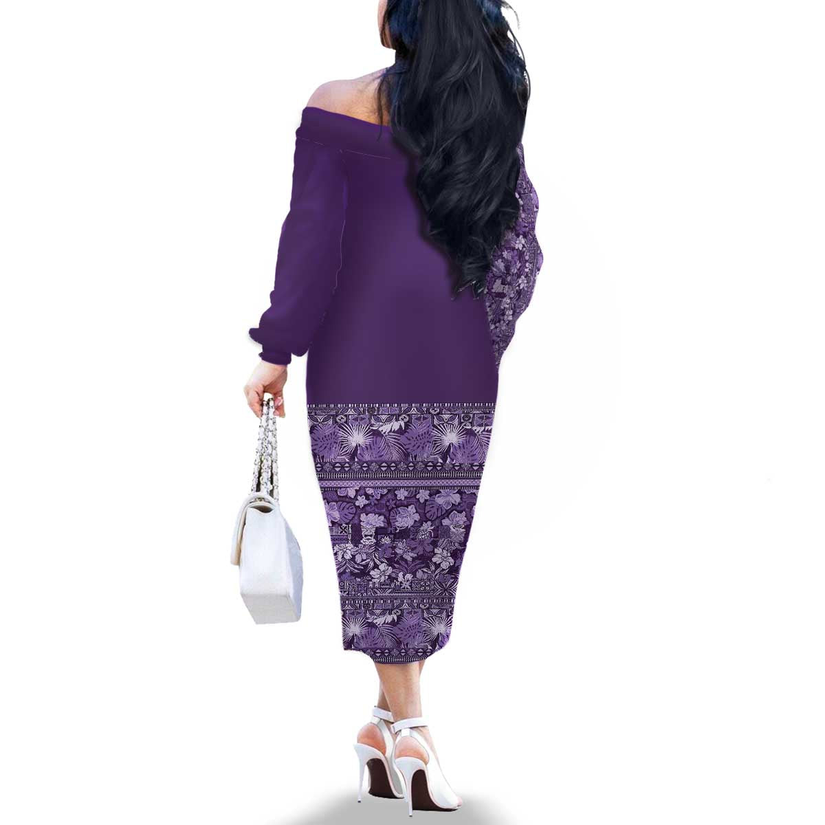 Hawaiian Tribal Elements Hibiscus Family Matching Off The Shoulder Long Sleeve Dress and Hawaiian Shirt Purple Pattern LT9 - Polynesian Pride
