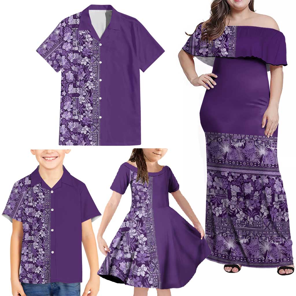 Hawaiian Tribal Elements Hibiscus Family Matching Off Shoulder Maxi Dress and Hawaiian Shirt Purple Pattern LT9 - Polynesian Pride