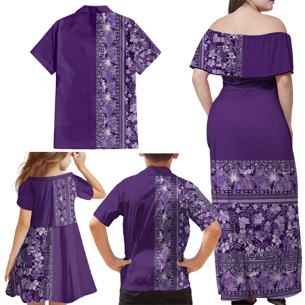 Hawaiian Tribal Elements Hibiscus Family Matching Off Shoulder Maxi Dress and Hawaiian Shirt Purple Pattern LT9 - Polynesian Pride