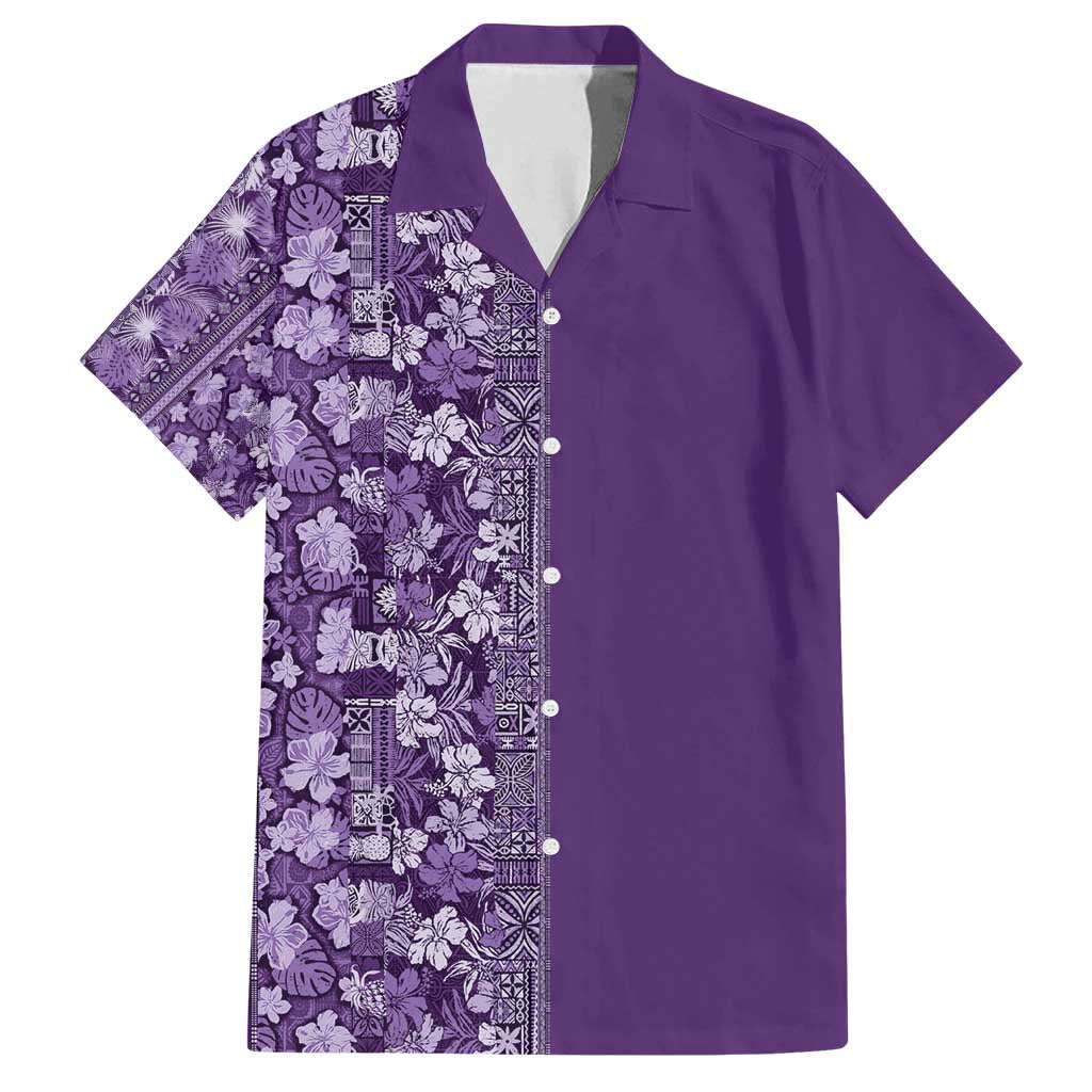 Hawaiian Tribal Elements Hibiscus Family Matching Off Shoulder Maxi Dress and Hawaiian Shirt Purple Pattern LT9 Dad's Shirt - Short Sleeve Purple - Polynesian Pride