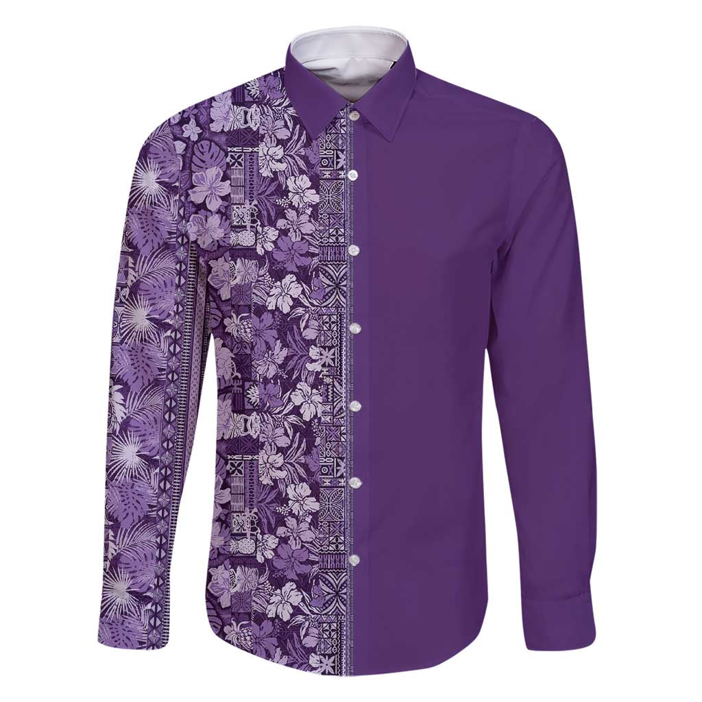 Hawaiian Tribal Elements Hibiscus Family Matching Off Shoulder Maxi Dress and Hawaiian Shirt Purple Pattern LT9 Dad's Shirt - Long Sleeve Purple - Polynesian Pride