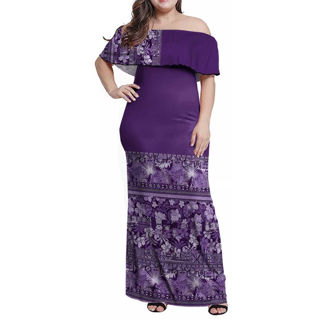 Hawaiian Tribal Elements Hibiscus Family Matching Off Shoulder Maxi Dress and Hawaiian Shirt Purple Pattern LT9 Mom's Dress Purple - Polynesian Pride