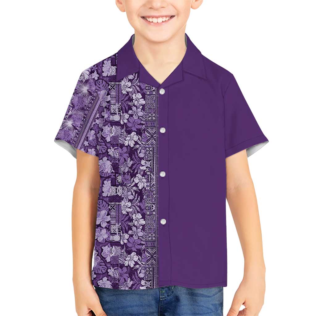 Hawaiian Tribal Elements Hibiscus Family Matching Off Shoulder Maxi Dress and Hawaiian Shirt Purple Pattern LT9 Son's Shirt Purple - Polynesian Pride