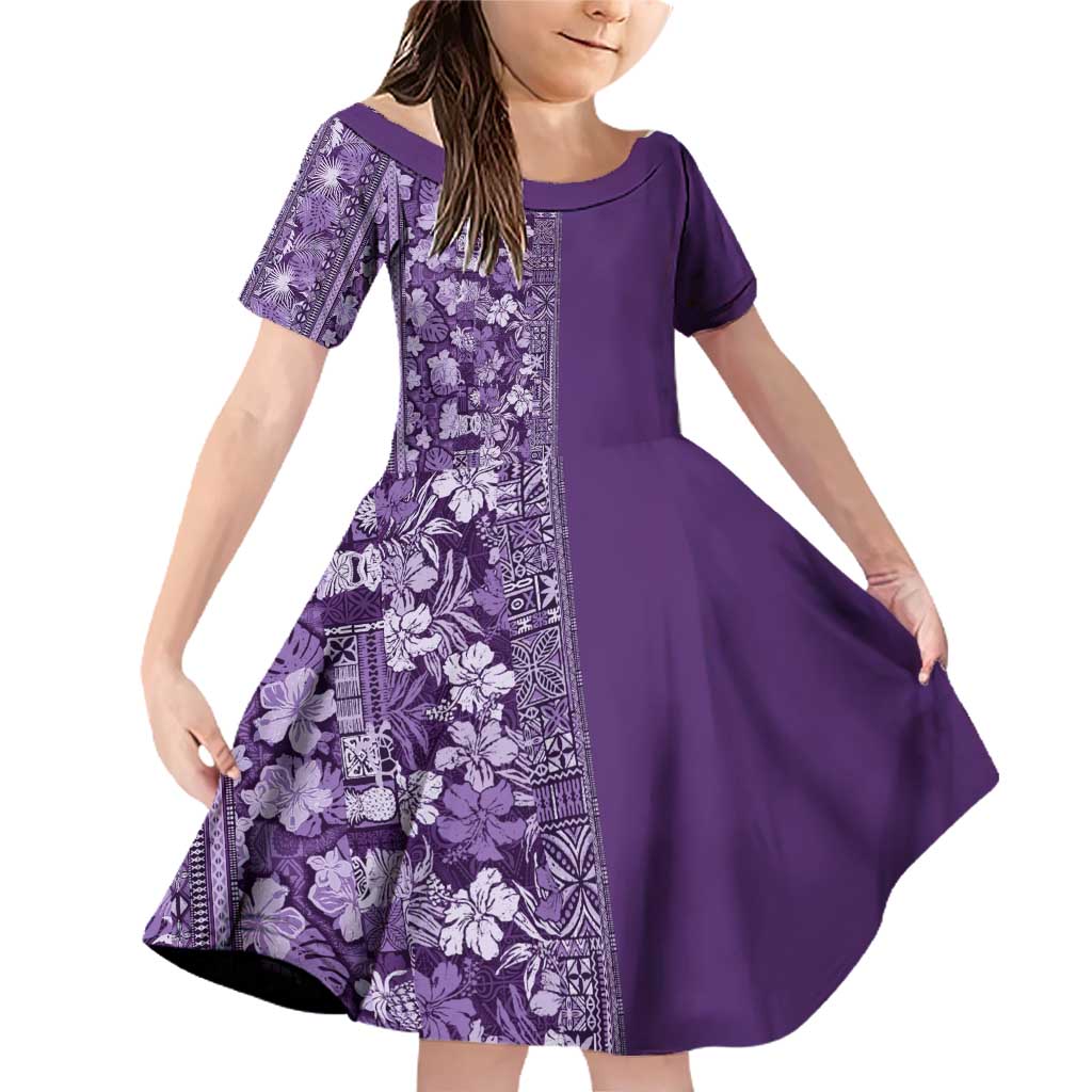 Hawaiian Tribal Elements Hibiscus Family Matching Off Shoulder Short Dress and Hawaiian Shirt Purple Pattern LT9 Daughter's Dress Purple - Polynesian Pride