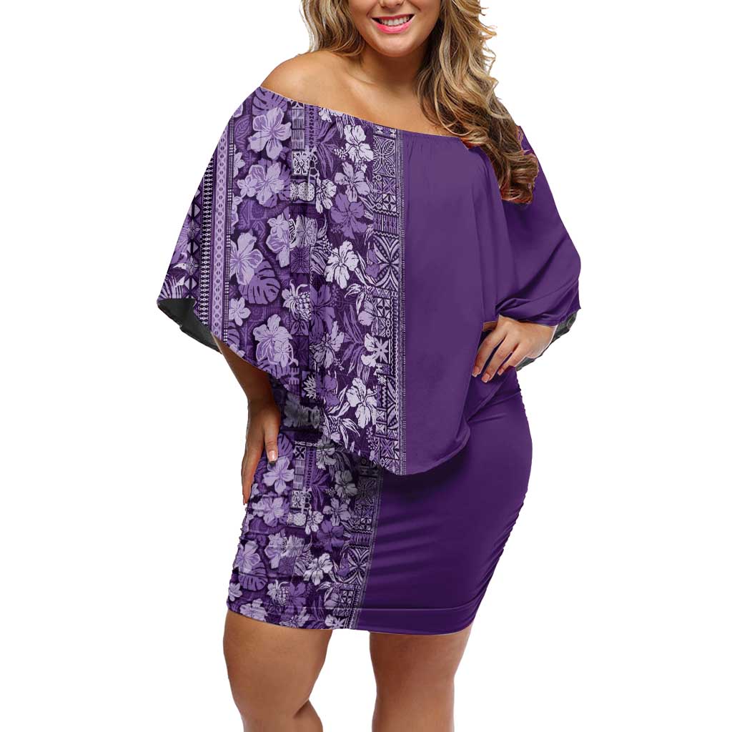Hawaiian Tribal Elements Hibiscus Family Matching Off Shoulder Short Dress and Hawaiian Shirt Purple Pattern LT9 Mom's Dress Purple - Polynesian Pride