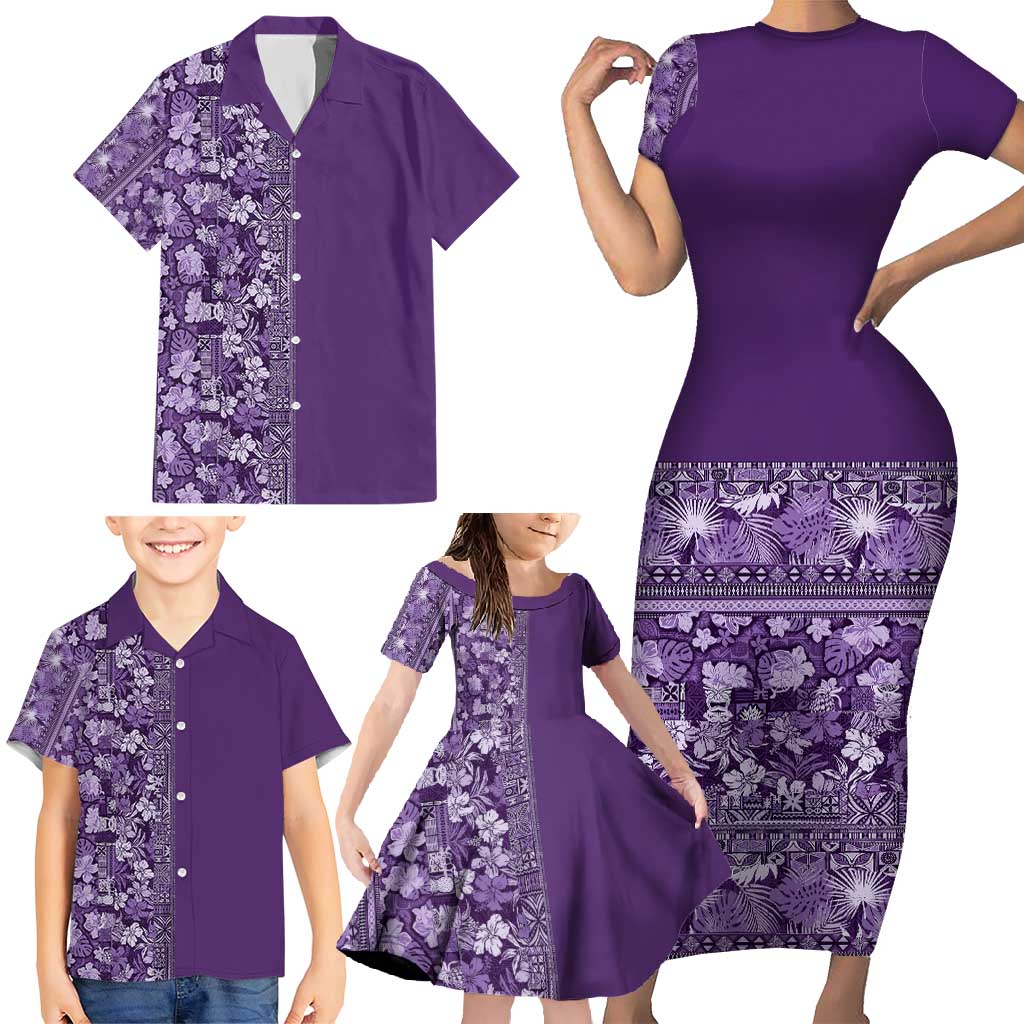 Hawaiian Tribal Elements Hibiscus Family Matching Short Sleeve Bodycon Dress and Hawaiian Shirt Purple Pattern LT9 - Polynesian Pride