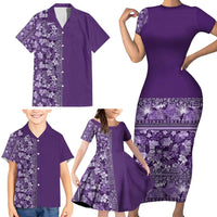 Hawaiian Tribal Elements Hibiscus Family Matching Short Sleeve Bodycon Dress and Hawaiian Shirt Purple Pattern LT9 - Polynesian Pride