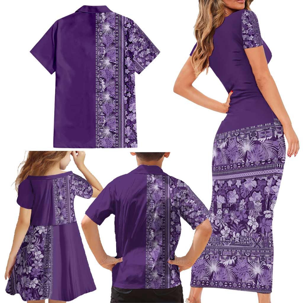 Hawaiian Tribal Elements Hibiscus Family Matching Short Sleeve Bodycon Dress and Hawaiian Shirt Purple Pattern LT9 - Polynesian Pride