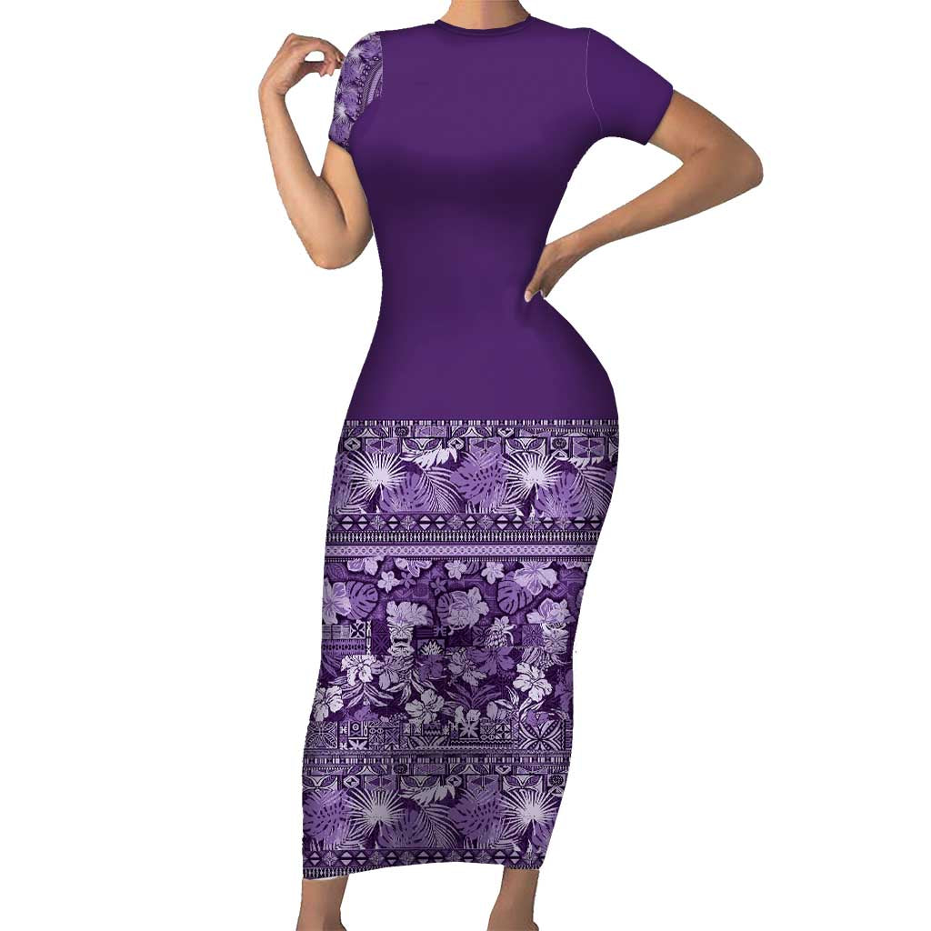 Hawaiian Tribal Elements Hibiscus Family Matching Short Sleeve Bodycon Dress and Hawaiian Shirt Purple Pattern LT9 Mom's Dress Purple - Polynesian Pride