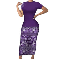 Hawaiian Tribal Elements Hibiscus Family Matching Short Sleeve Bodycon Dress and Hawaiian Shirt Purple Pattern LT9 Mom's Dress Purple - Polynesian Pride