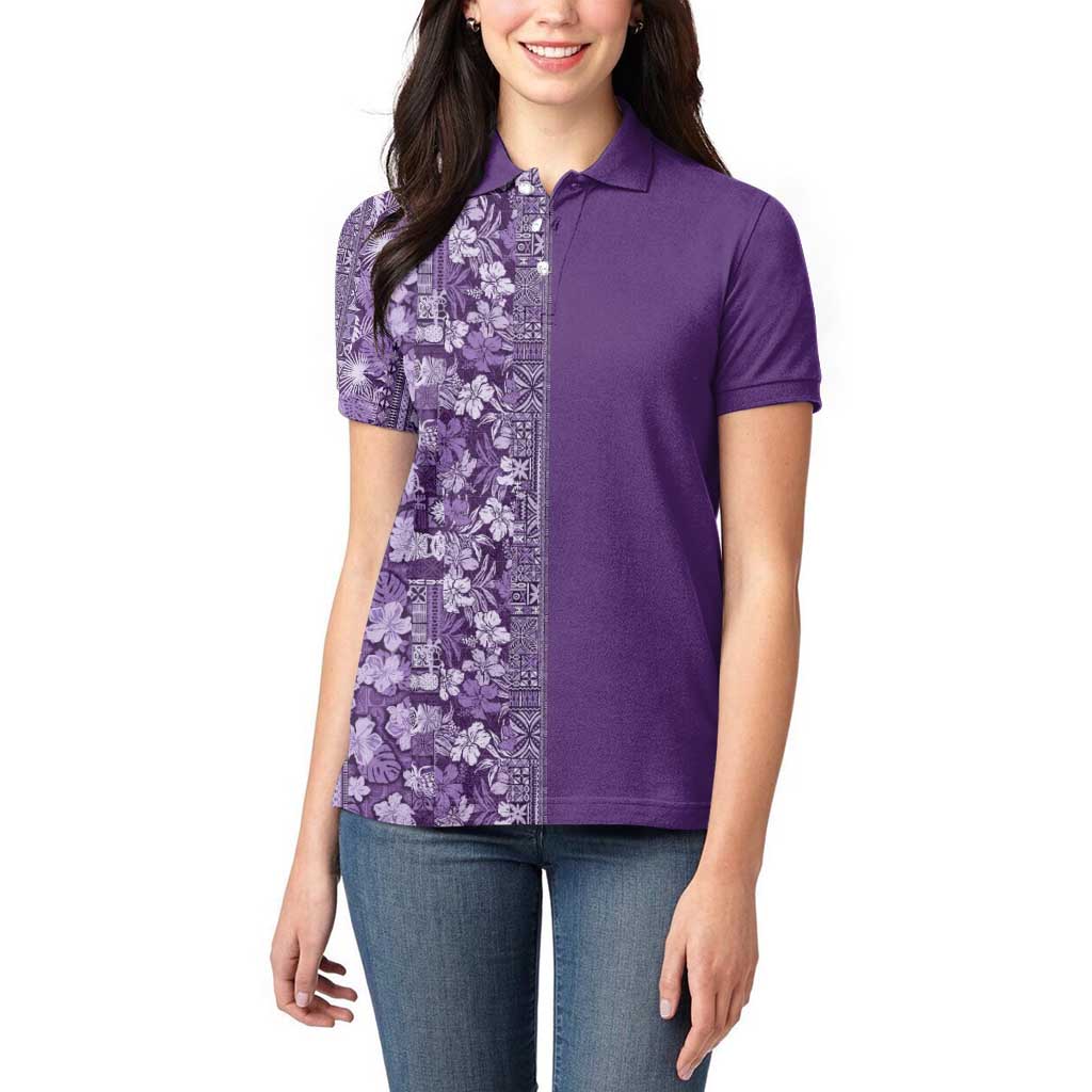 Hawaiian Tribal Elements Hibiscus Women Polo Shirt Purple Pattern - Polynesian Pride