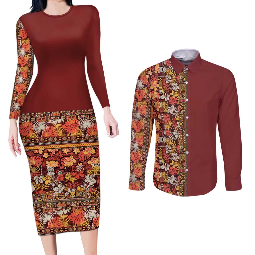 Hawaiian Tribal Elements Hibiscus Couples Matching Long Sleeve Bodycon Dress and Long Sleeve Button Shirt Red Pattern LT9 Red - Polynesian Pride
