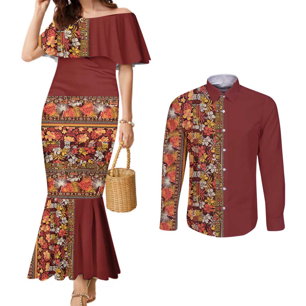 Hawaiian Tribal Elements Hibiscus Couples Matching Mermaid Dress and Long Sleeve Button Shirt Red Pattern LT9 Red - Polynesian Pride