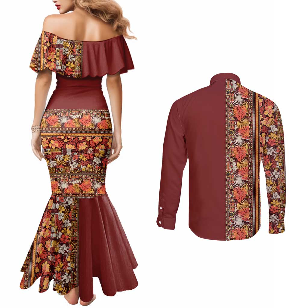 Hawaiian Tribal Elements Hibiscus Couples Matching Mermaid Dress and Long Sleeve Button Shirt Red Pattern - Polynesian Pride