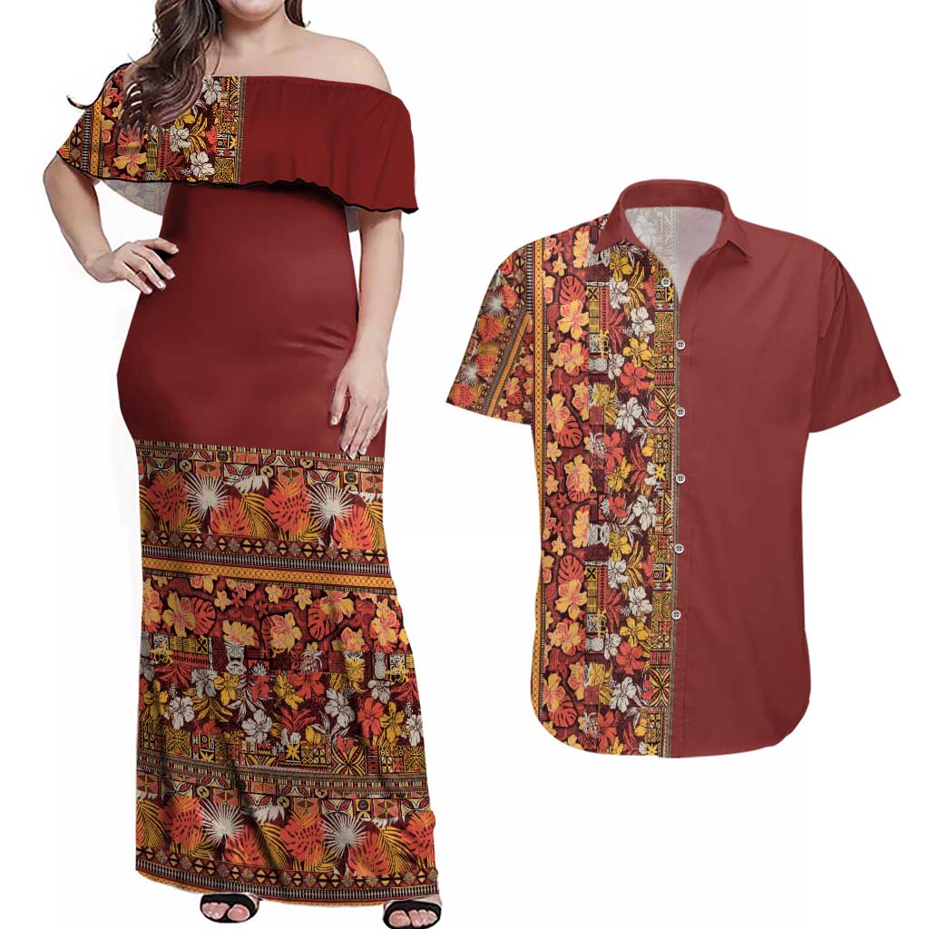 Hawaiian Tribal Elements Hibiscus Couples Matching Off Shoulder Maxi Dress and Hawaiian Shirt Red Pattern LT9 Red - Polynesian Pride