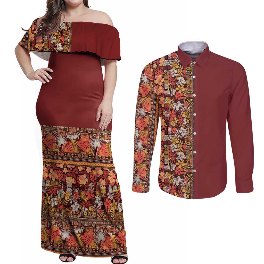 Hawaiian Tribal Elements Hibiscus Couples Matching Off Shoulder Maxi Dress and Long Sleeve Button Shirt Red Pattern LT9 Red - Polynesian Pride