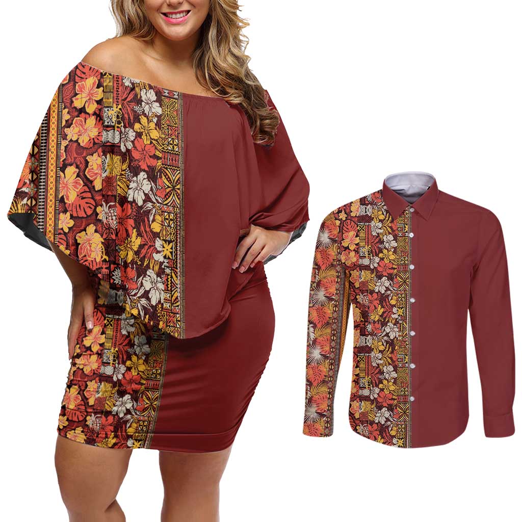 Hawaiian Tribal Elements Hibiscus Couples Matching Off Shoulder Short Dress and Long Sleeve Button Shirt Red Pattern LT9 Red - Polynesian Pride