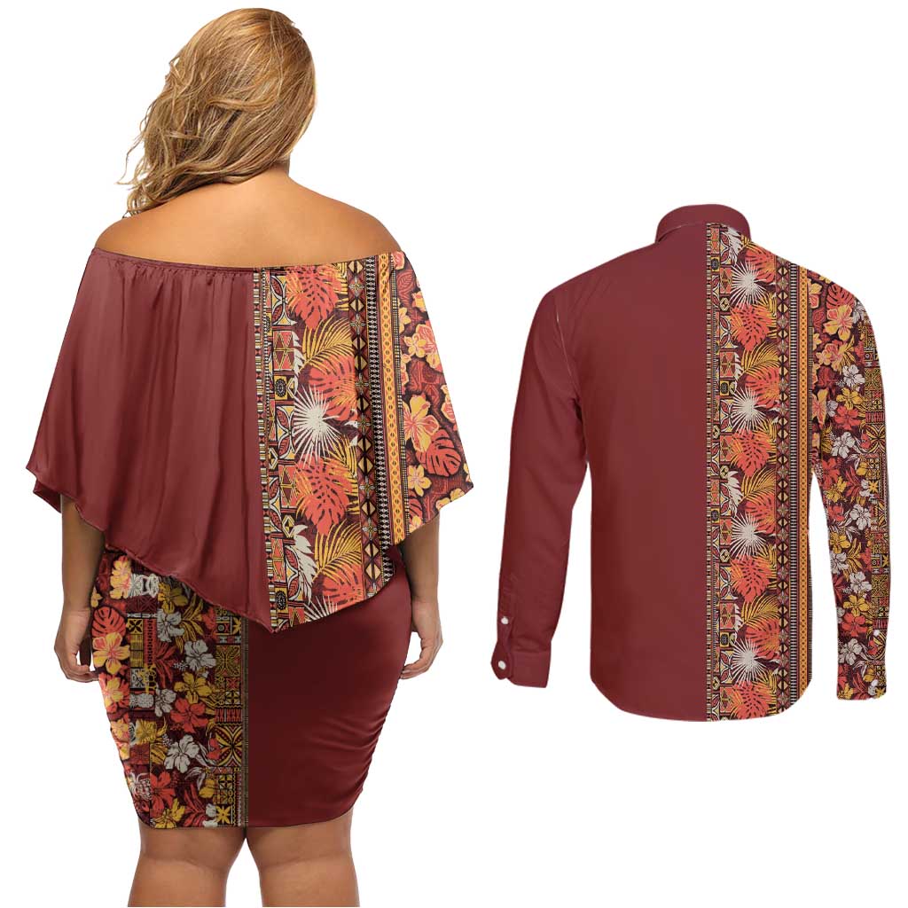 Hawaiian Tribal Elements Hibiscus Couples Matching Off Shoulder Short Dress and Long Sleeve Button Shirt Red Pattern - Polynesian Pride