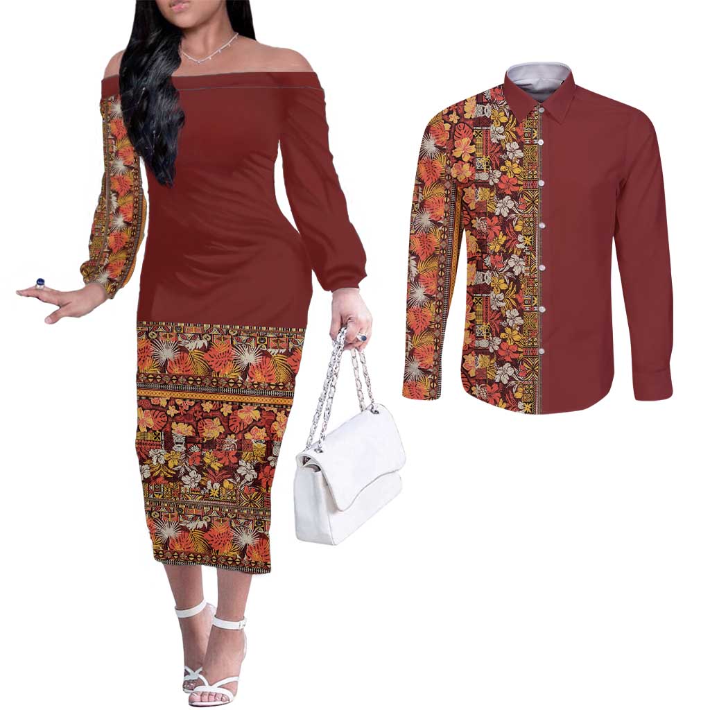 Hawaiian Tribal Elements Hibiscus Couples Matching Off The Shoulder Long Sleeve Dress and Long Sleeve Button Shirt Red Pattern LT9 Red - Polynesian Pride