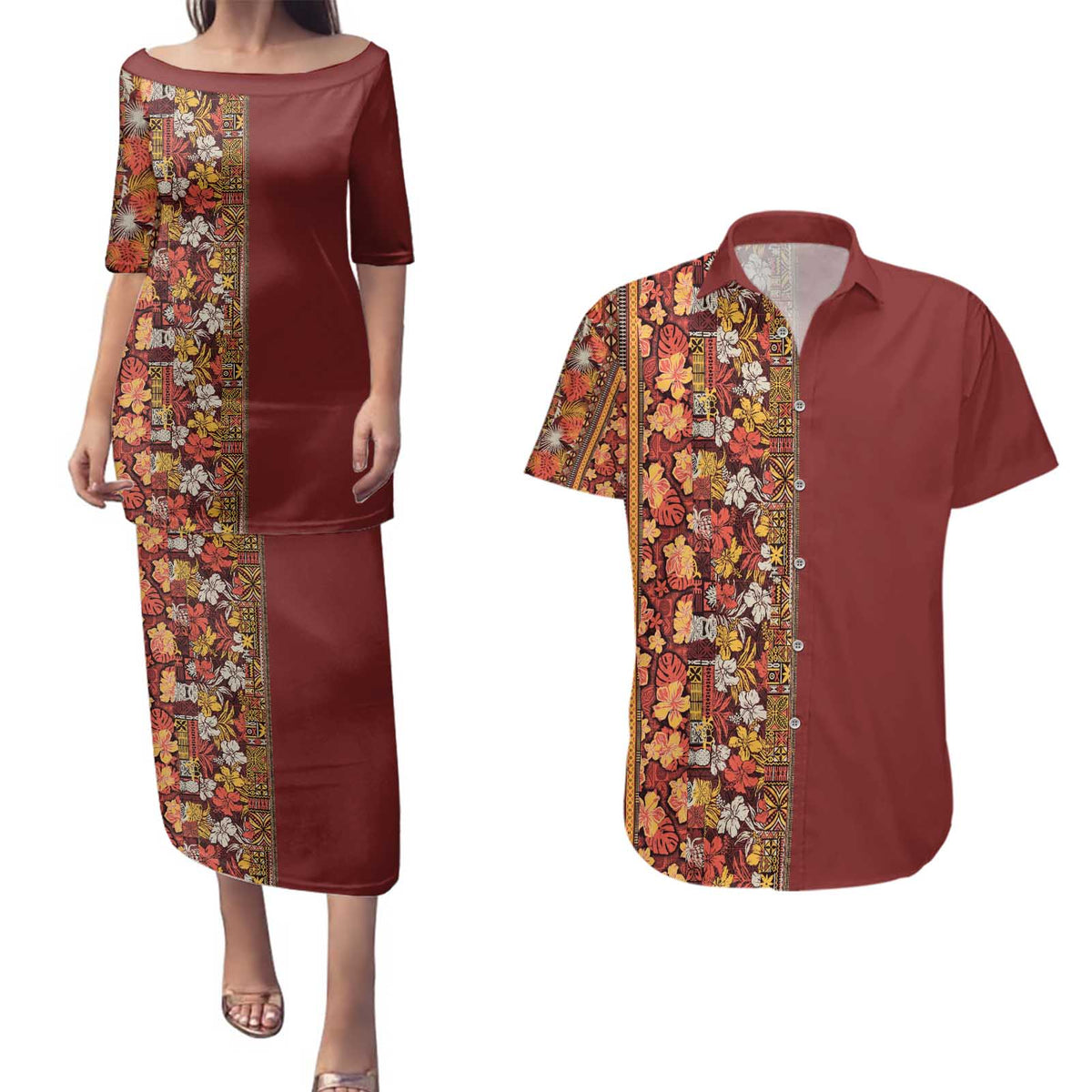 Hawaiian Tribal Elements Hibiscus Couples Matching Puletasi and Hawaiian Shirt Red Pattern - Polynesian Pride