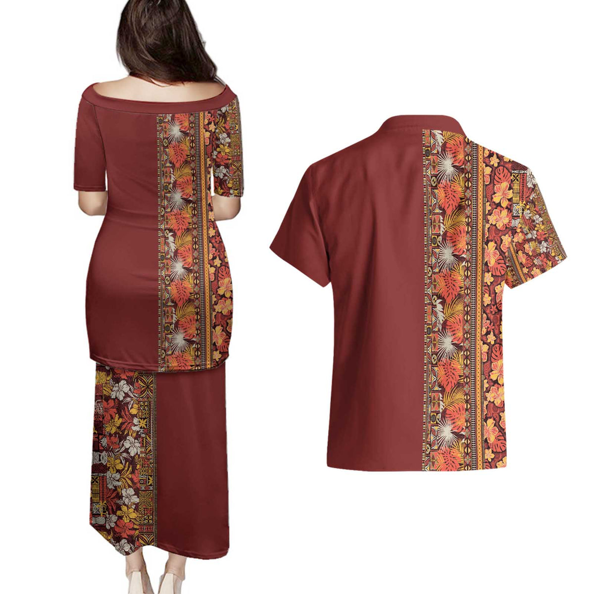 Hawaiian Tribal Elements Hibiscus Couples Matching Puletasi and Hawaiian Shirt Red Pattern - Polynesian Pride