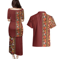 Hawaiian Tribal Elements Hibiscus Couples Matching Puletasi and Hawaiian Shirt Red Pattern - Polynesian Pride