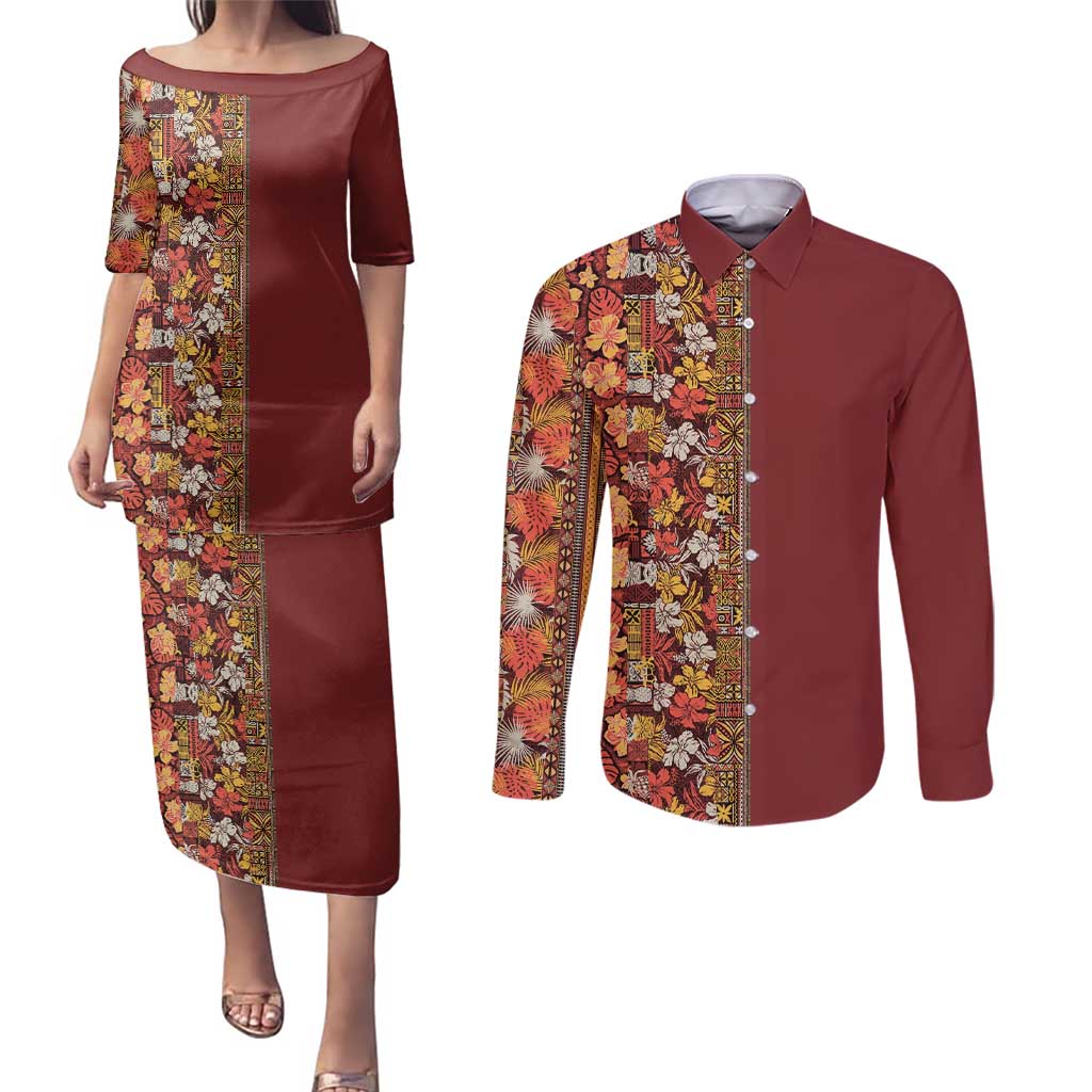 Hawaiian Tribal Elements Hibiscus Couples Matching Puletasi and Long Sleeve Button Shirt Red Pattern LT9 Red - Polynesian Pride