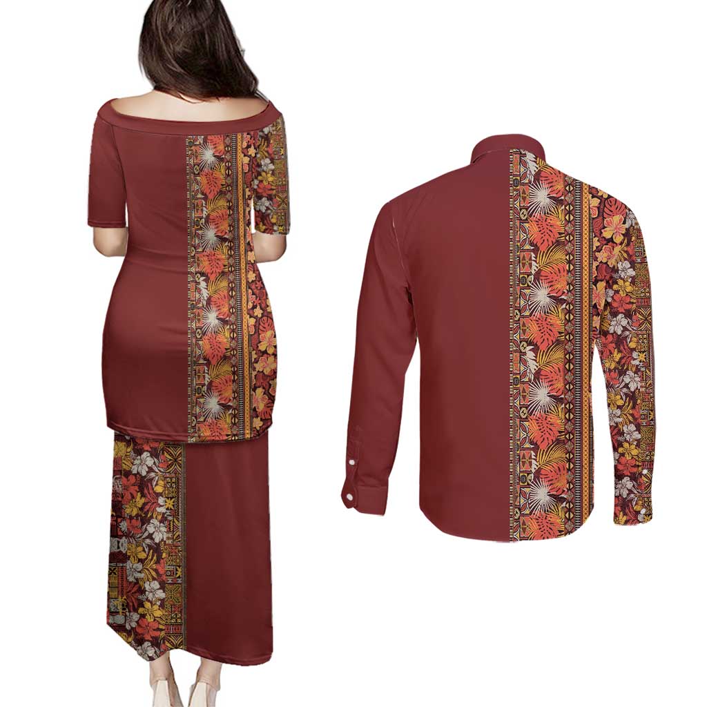 Hawaiian Tribal Elements Hibiscus Couples Matching Puletasi and Long Sleeve Button Shirt Red Pattern LT9 - Polynesian Pride