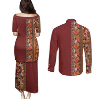 Hawaiian Tribal Elements Hibiscus Couples Matching Puletasi and Long Sleeve Button Shirt Red Pattern LT9 - Polynesian Pride