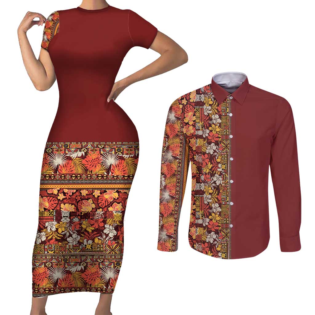 Hawaiian Tribal Elements Hibiscus Couples Matching Short Sleeve Bodycon Dress and Long Sleeve Button Shirt Red Pattern LT9 Red - Polynesian Pride
