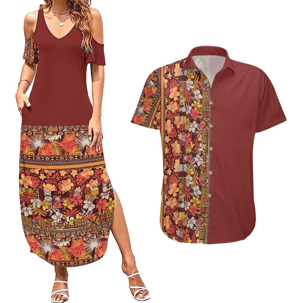Hawaiian Tribal Elements Hibiscus Couples Matching Summer Maxi Dress and Hawaiian Shirt Red Pattern LT9 Red - Polynesian Pride