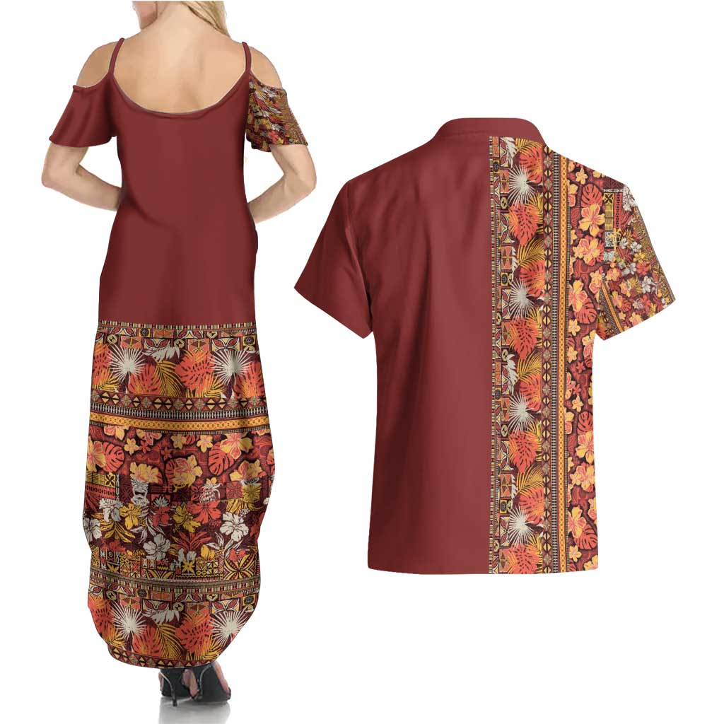 Hawaiian Tribal Elements Hibiscus Couples Matching Summer Maxi Dress and Hawaiian Shirt Red Pattern - Polynesian Pride