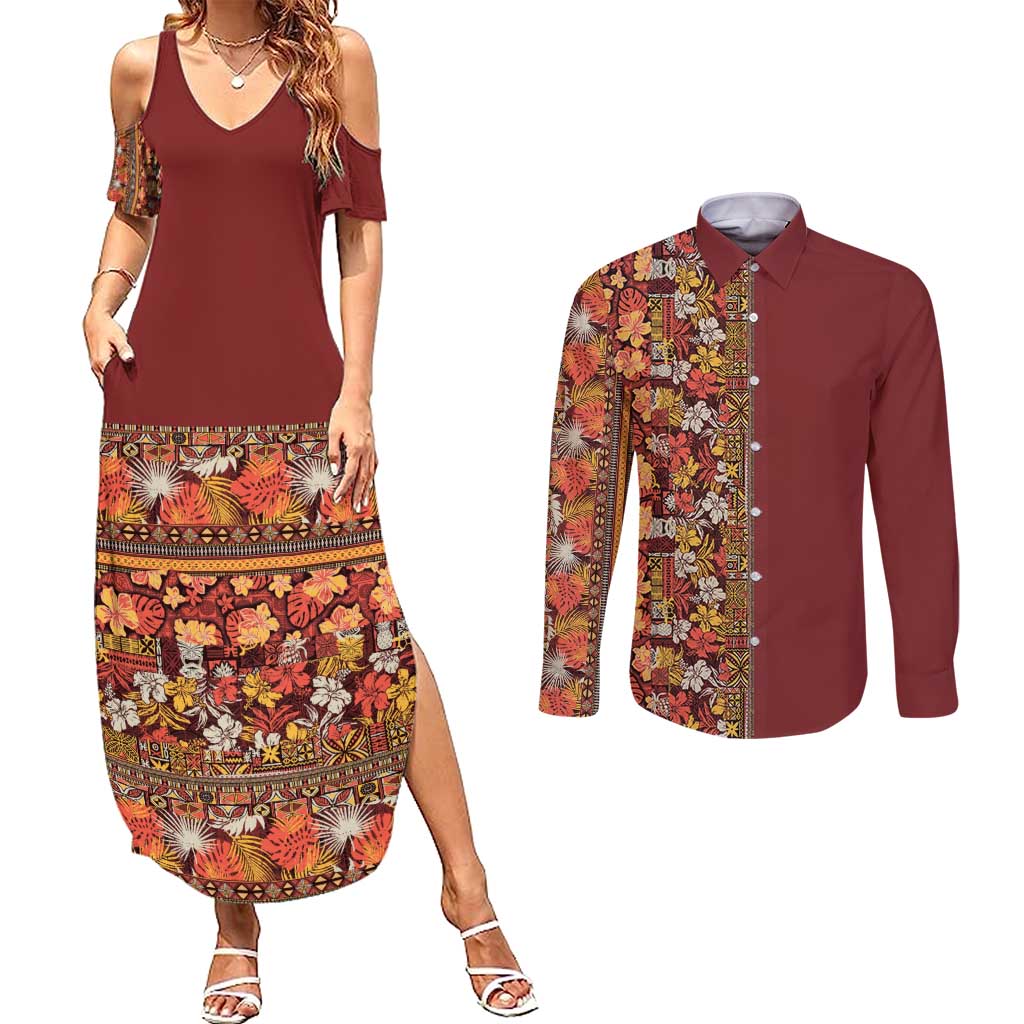 Hawaiian Tribal Elements Hibiscus Couples Matching Summer Maxi Dress and Long Sleeve Button Shirt Red Pattern LT9 Red - Polynesian Pride