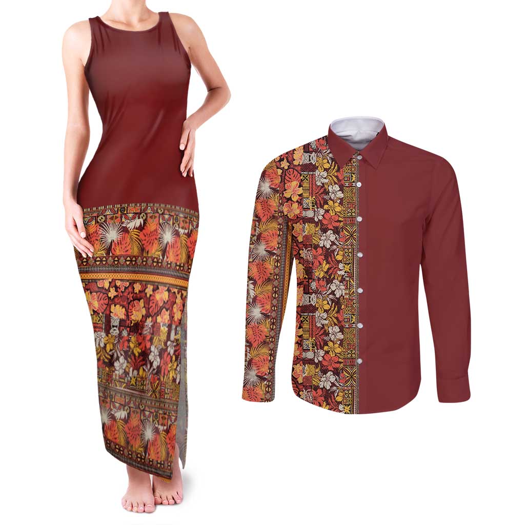 Hawaiian Tribal Elements Hibiscus Couples Matching Tank Maxi Dress and Long Sleeve Button Shirt Red Pattern LT9 Red - Polynesian Pride