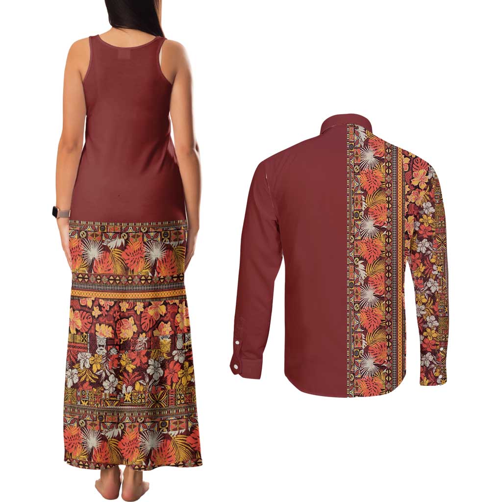 Hawaiian Tribal Elements Hibiscus Couples Matching Tank Maxi Dress and Long Sleeve Button Shirt Red Pattern - Polynesian Pride