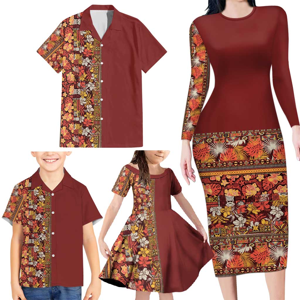 Hawaiian Tribal Elements Hibiscus Family Matching Long Sleeve Bodycon Dress and Hawaiian Shirt Red Pattern LT9 - Polynesian Pride