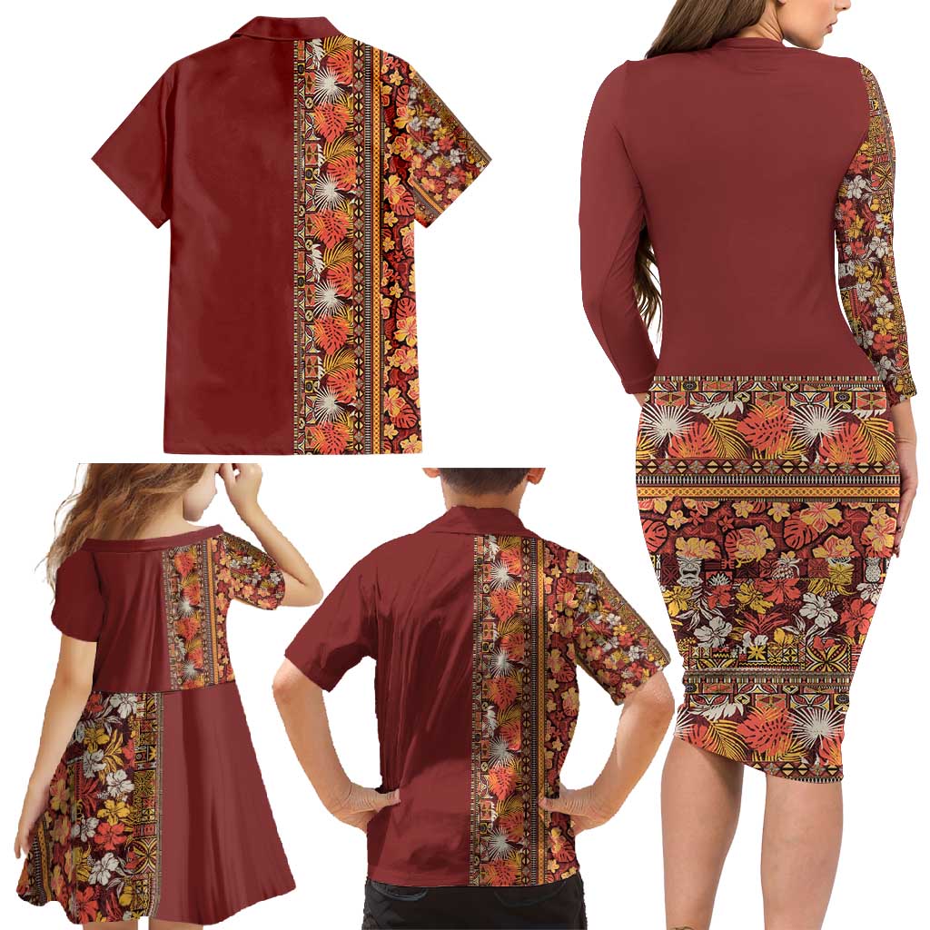 Hawaiian Tribal Elements Hibiscus Family Matching Long Sleeve Bodycon Dress and Hawaiian Shirt Red Pattern LT9 - Polynesian Pride