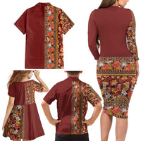 Hawaiian Tribal Elements Hibiscus Family Matching Long Sleeve Bodycon Dress and Hawaiian Shirt Red Pattern LT9 - Polynesian Pride