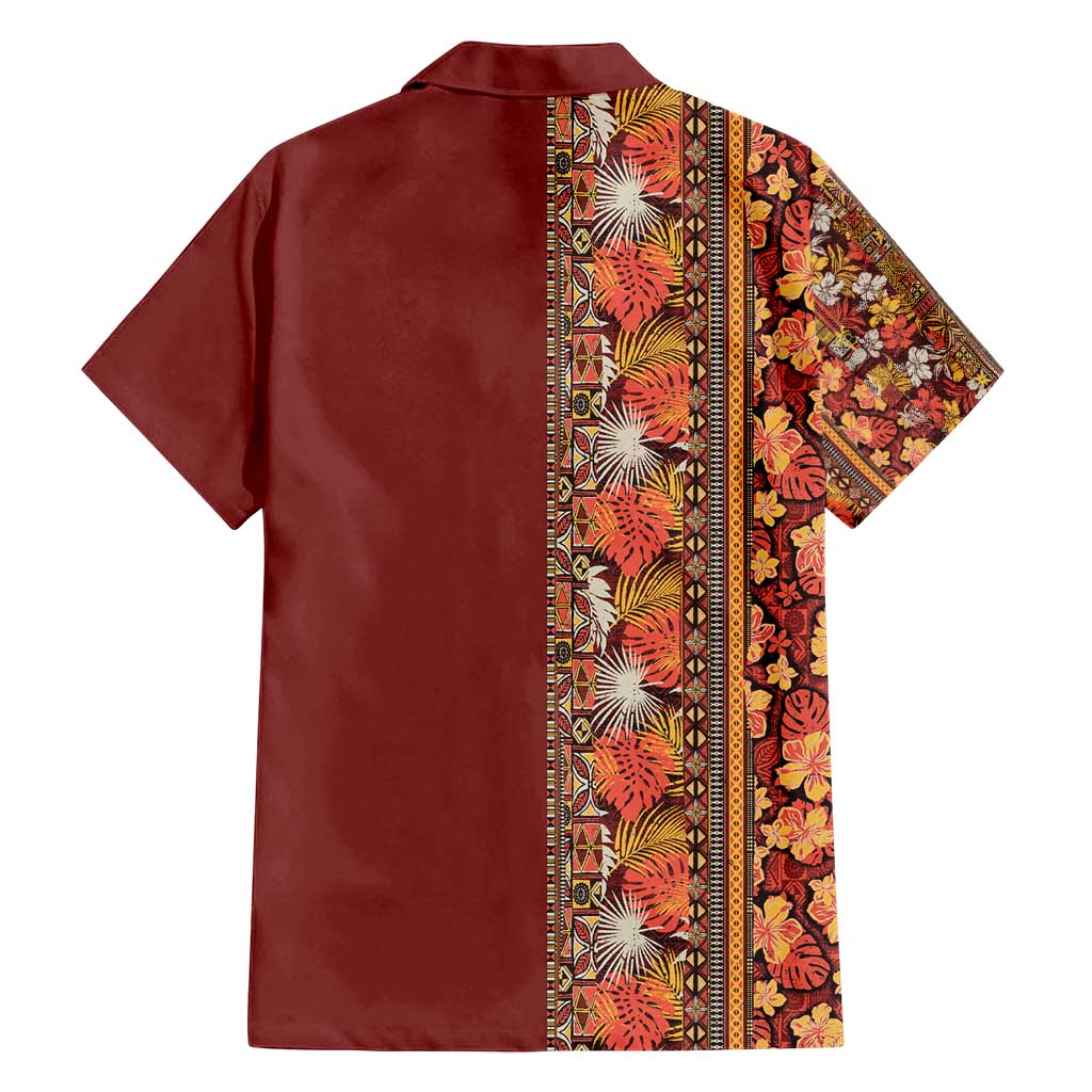 Hawaiian Tribal Elements Hibiscus Family Matching Long Sleeve Bodycon Dress and Hawaiian Shirt Red Pattern LT9 - Polynesian Pride