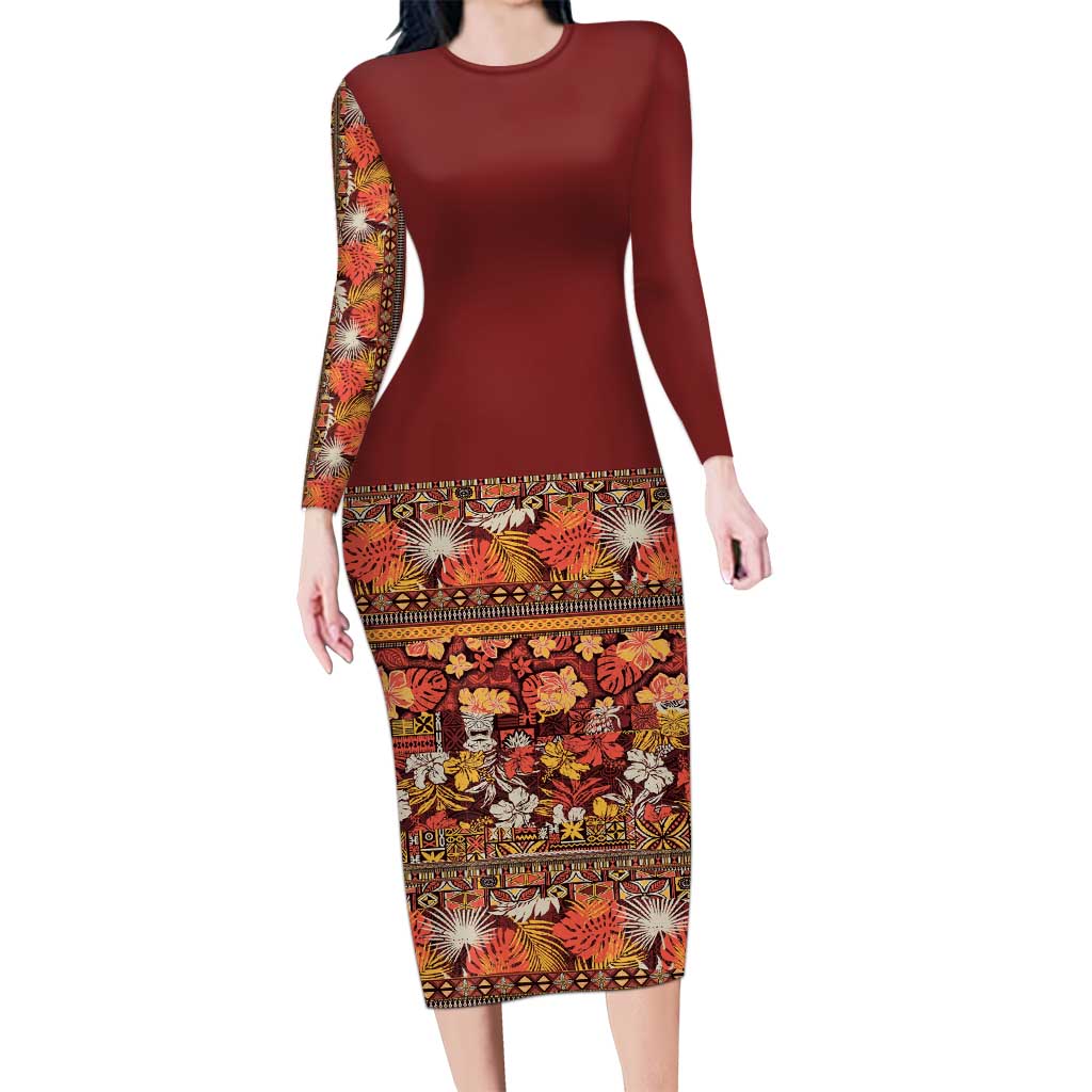 Hawaiian Tribal Elements Hibiscus Family Matching Long Sleeve Bodycon Dress and Hawaiian Shirt Red Pattern LT9 Mom's Dress Red - Polynesian Pride