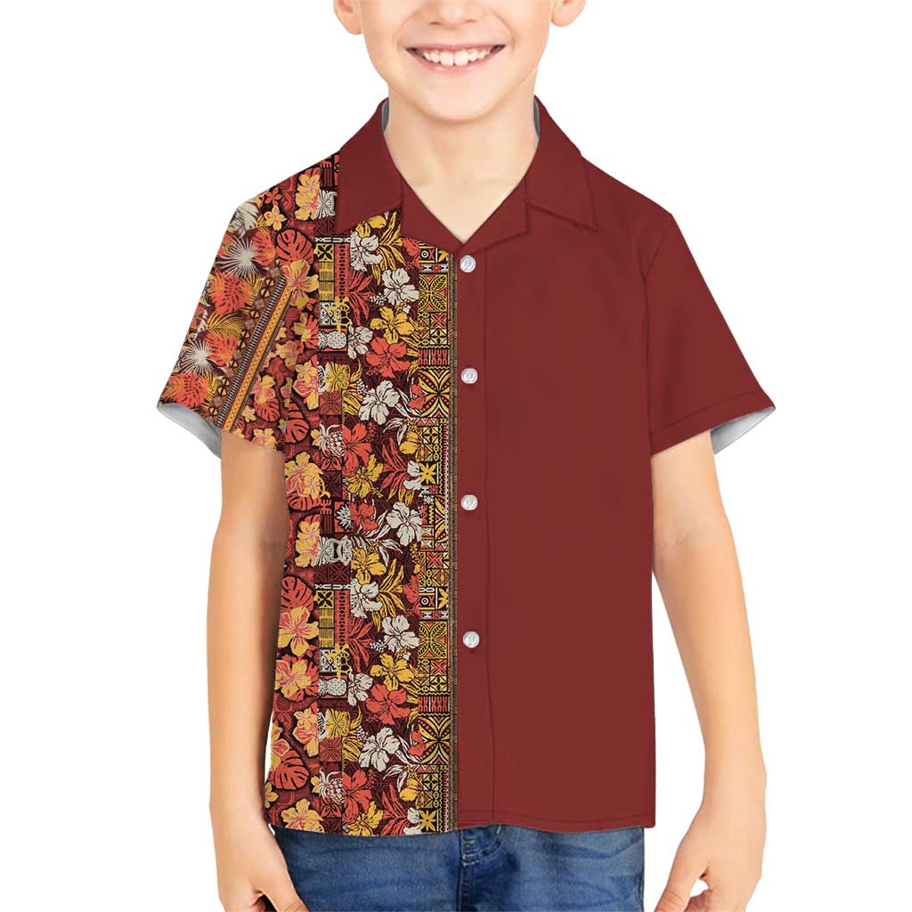 Hawaiian Tribal Elements Hibiscus Family Matching Long Sleeve Bodycon Dress and Hawaiian Shirt Red Pattern LT9 Son's Shirt Red - Polynesian Pride