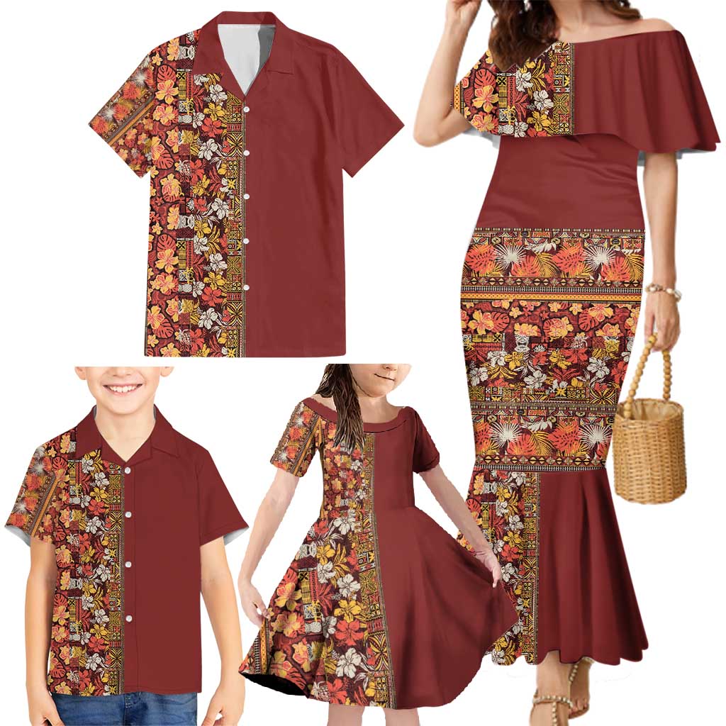Hawaiian Tribal Elements Hibiscus Family Matching Mermaid Dress and Hawaiian Shirt Red Pattern LT9 - Polynesian Pride