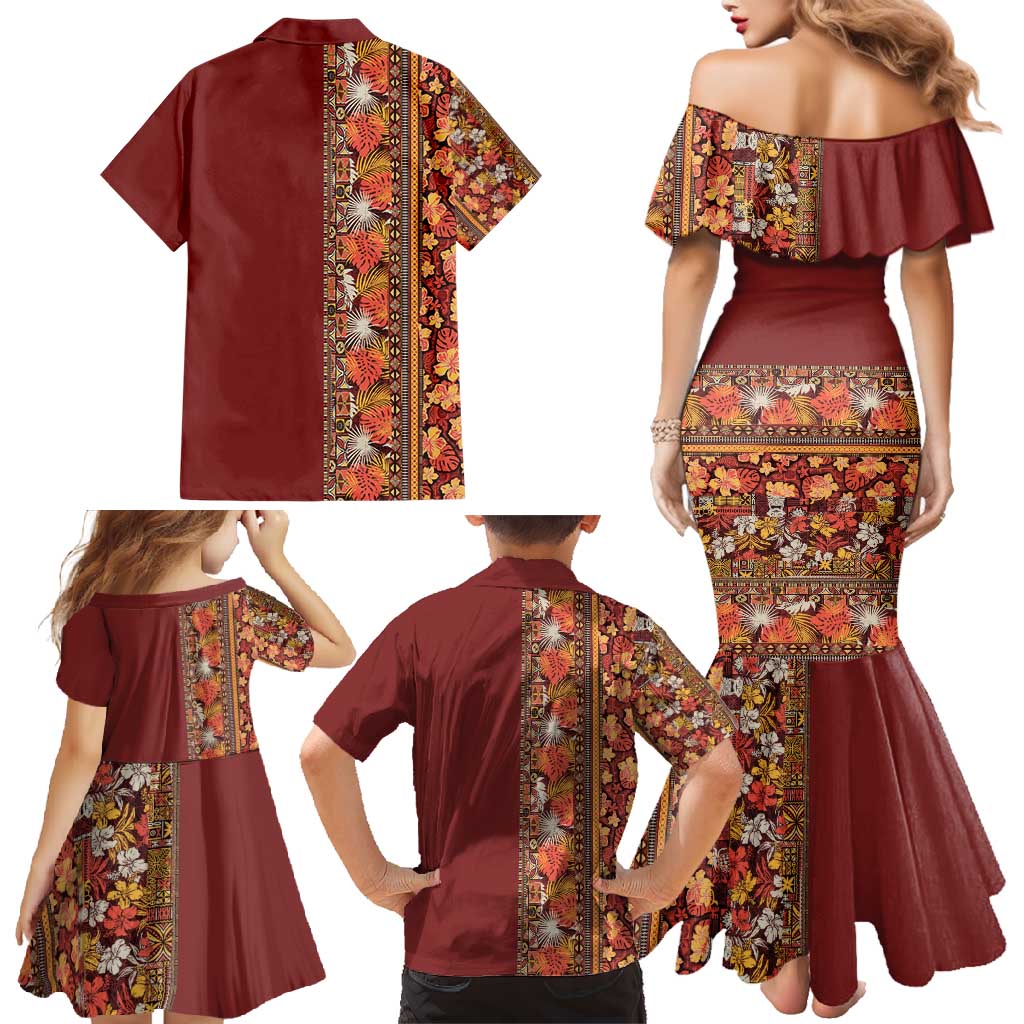 Hawaiian Tribal Elements Hibiscus Family Matching Mermaid Dress and Hawaiian Shirt Red Pattern LT9 - Polynesian Pride
