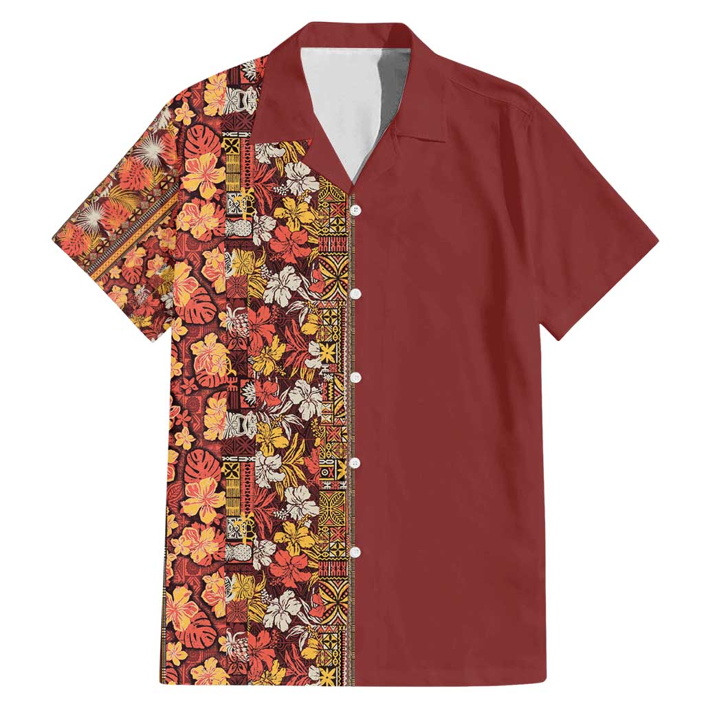 Hawaiian Tribal Elements Hibiscus Family Matching Mermaid Dress and Hawaiian Shirt Red Pattern LT9 Dad's Shirt - Short Sleeve Red - Polynesian Pride