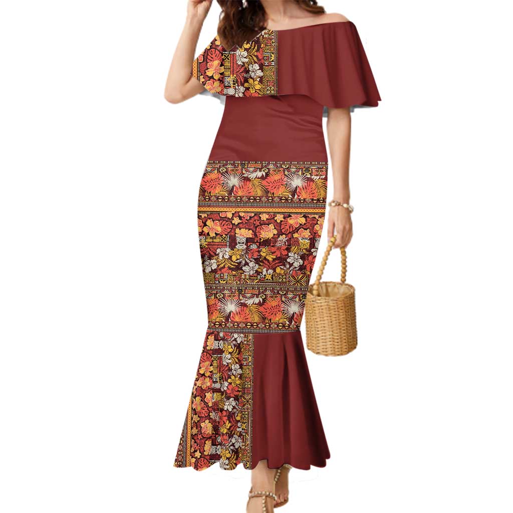 Hawaiian Tribal Elements Hibiscus Family Matching Mermaid Dress and Hawaiian Shirt Red Pattern LT9 Mom's Dress Red - Polynesian Pride