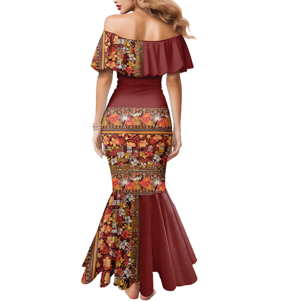 Hawaiian Tribal Elements Hibiscus Family Matching Mermaid Dress and Hawaiian Shirt Red Pattern LT9 - Polynesian Pride