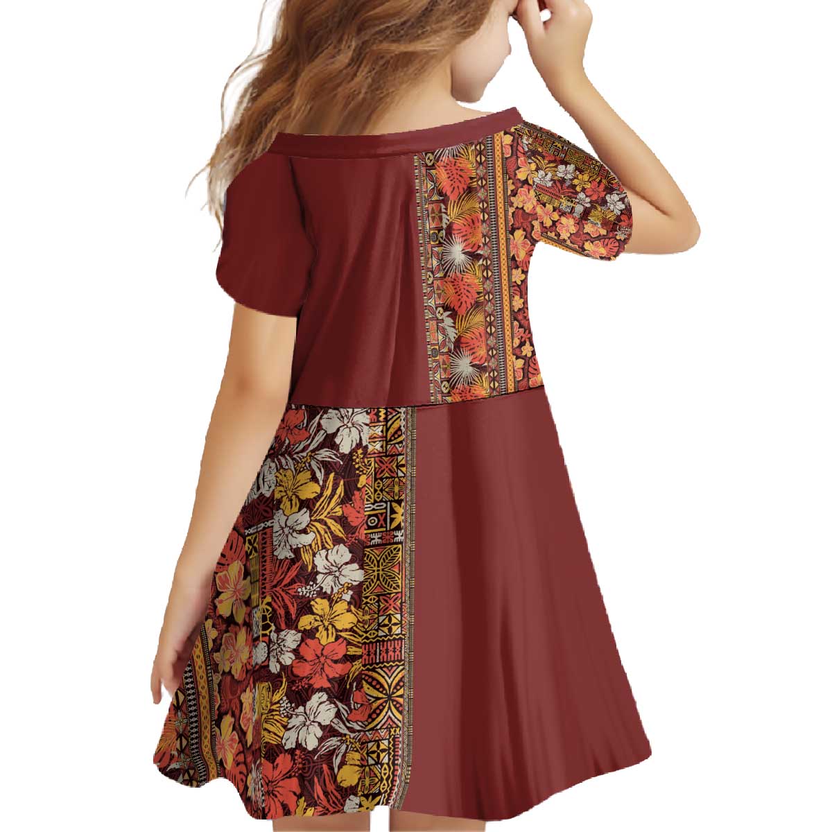 Hawaiian Tribal Elements Hibiscus Family Matching Off The Shoulder Long Sleeve Dress and Hawaiian Shirt Red Pattern LT9 - Polynesian Pride
